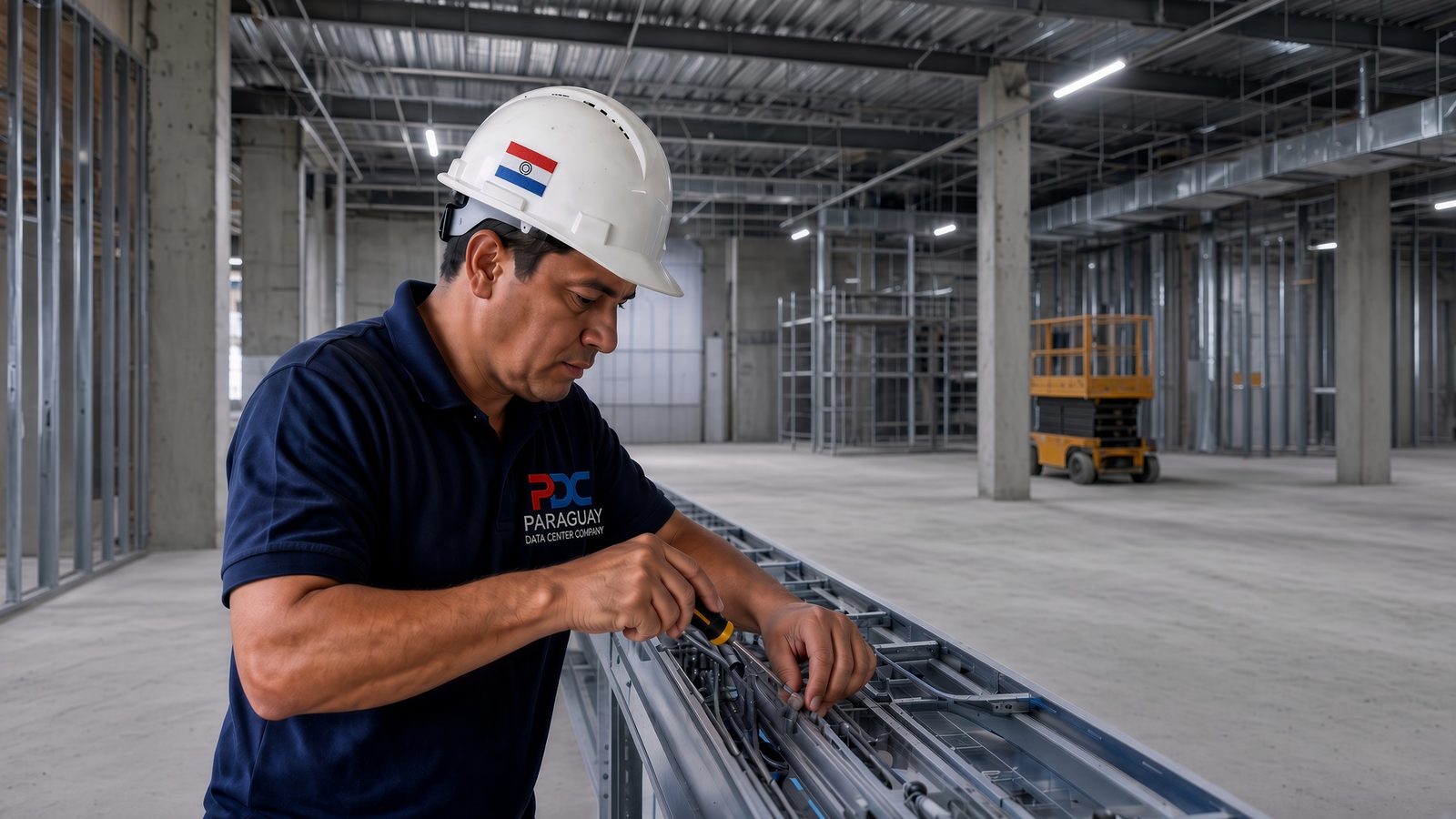 PDC technician installing infrastructure inside a data hall